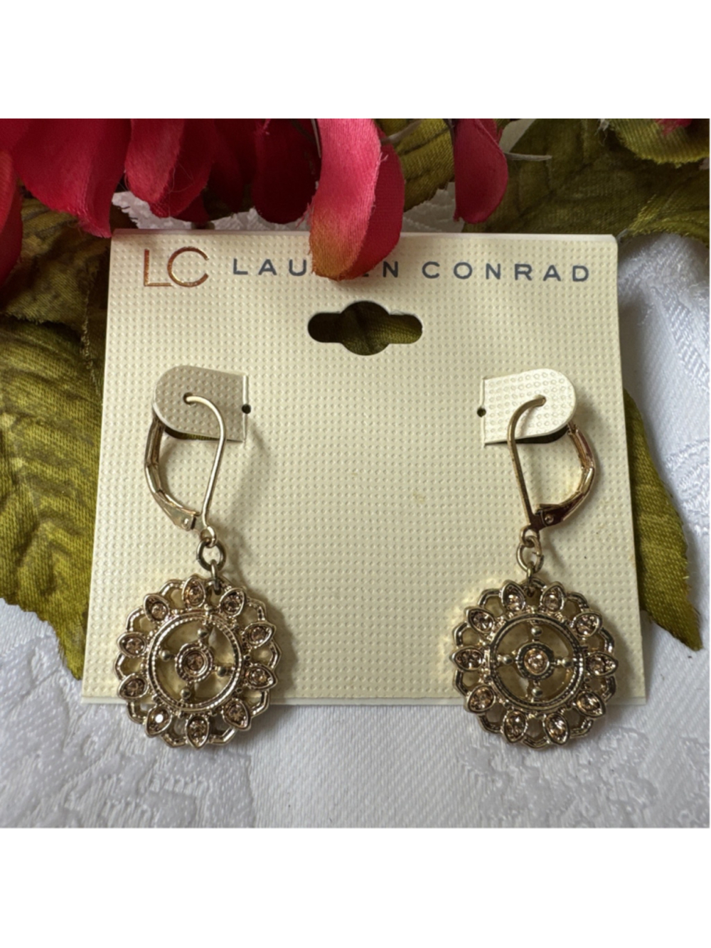 LC Lauren Conrad Dainty Thin Bling Medallion Earrings Dangle GoldTone 1 1/2" NEW